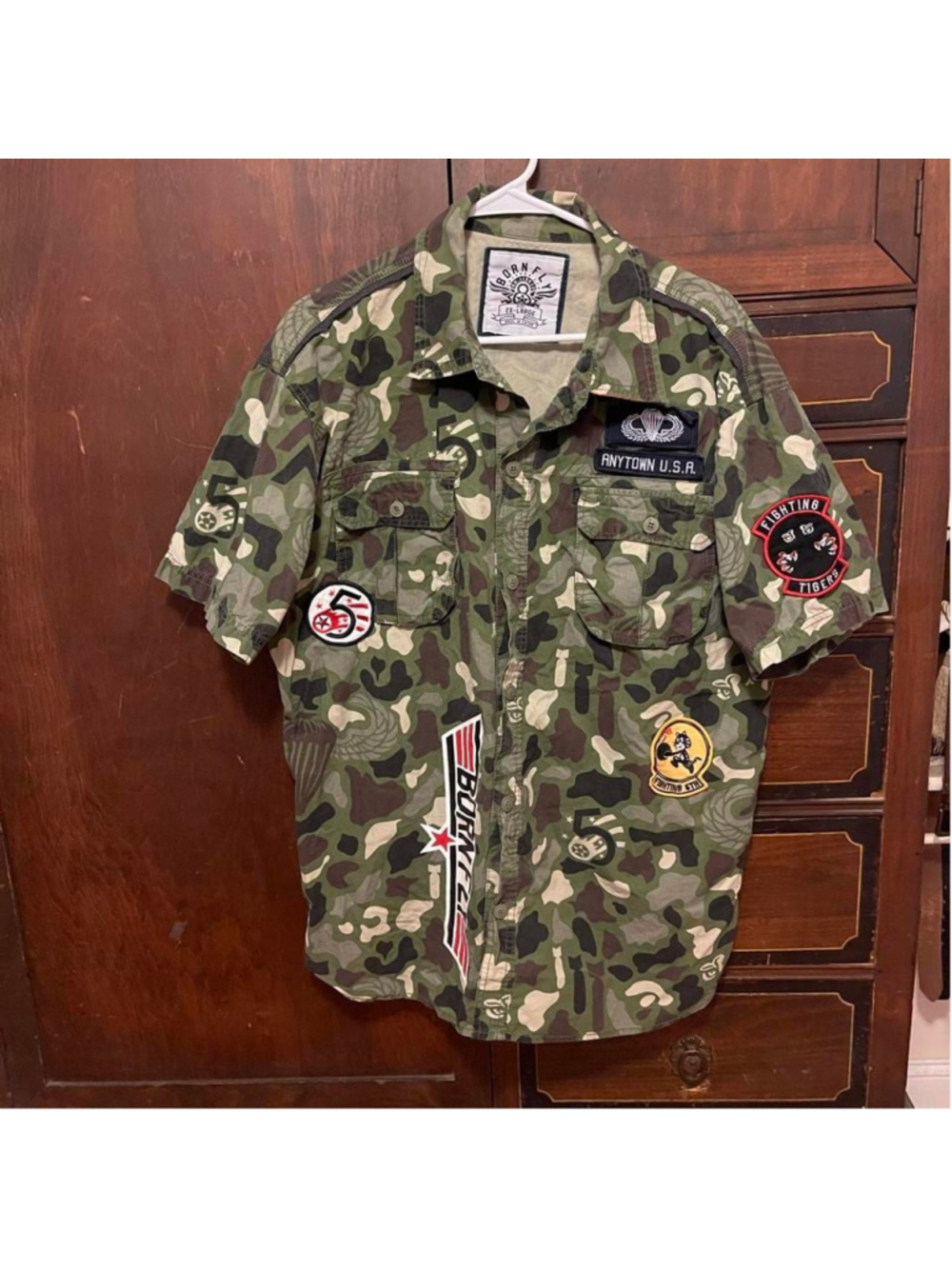Born Fly Men's Camouflage Multi-Patch Short Sleeve Button-Up Shirt, Size 2X-Larg